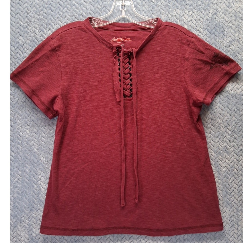 Barrett-Jackson Lace Up Graphic T-Shirt Burgundy Slub Knit Large Biker